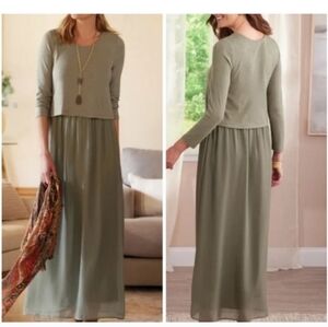 Soft Surroundings NEW Cassie Maxi Knit Chiffon Dress In Light Olive Size XL